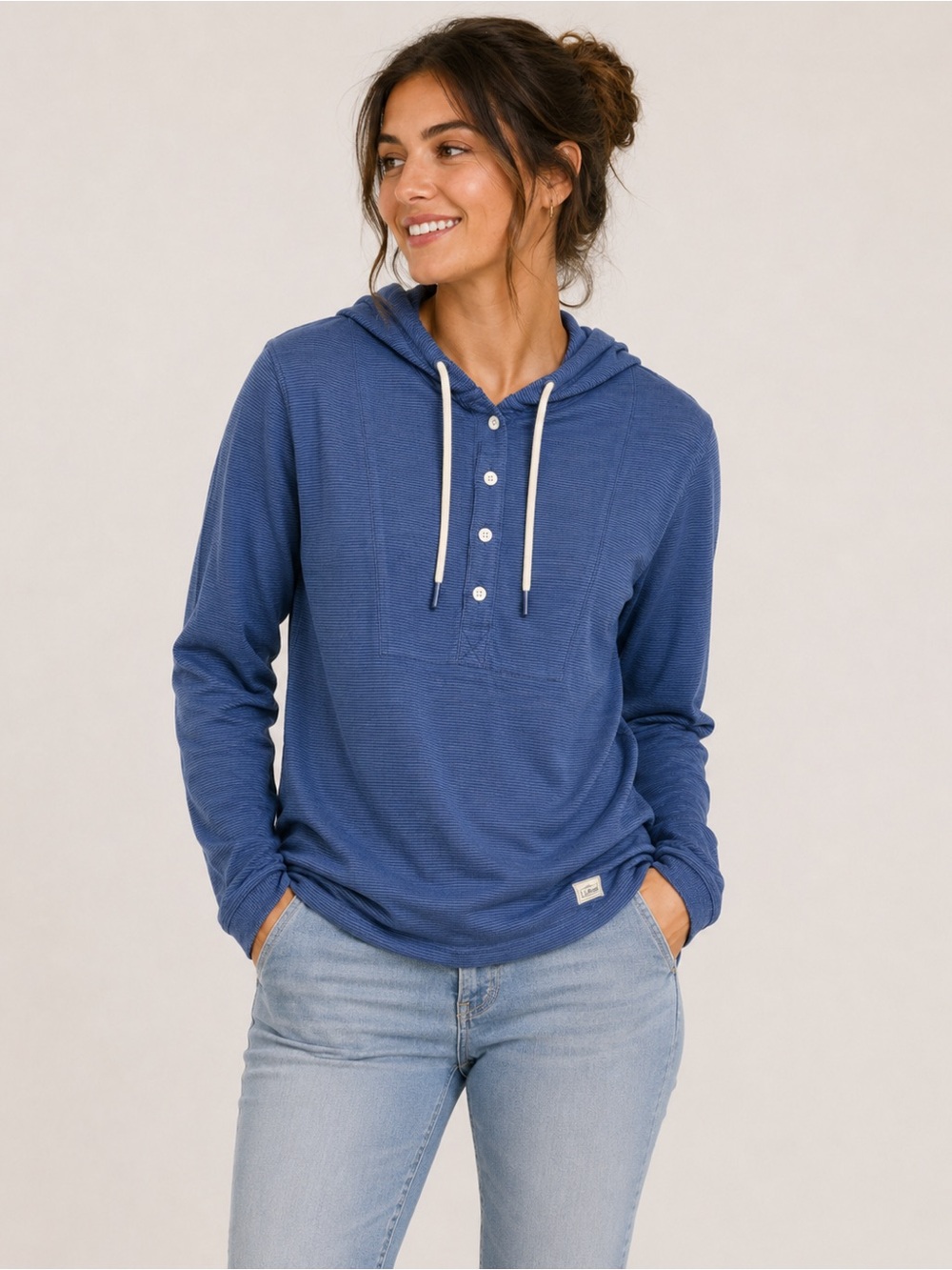 L.L.Bean Blue Striped Hooded Henley Pullover Top | Lightweight Hoodie